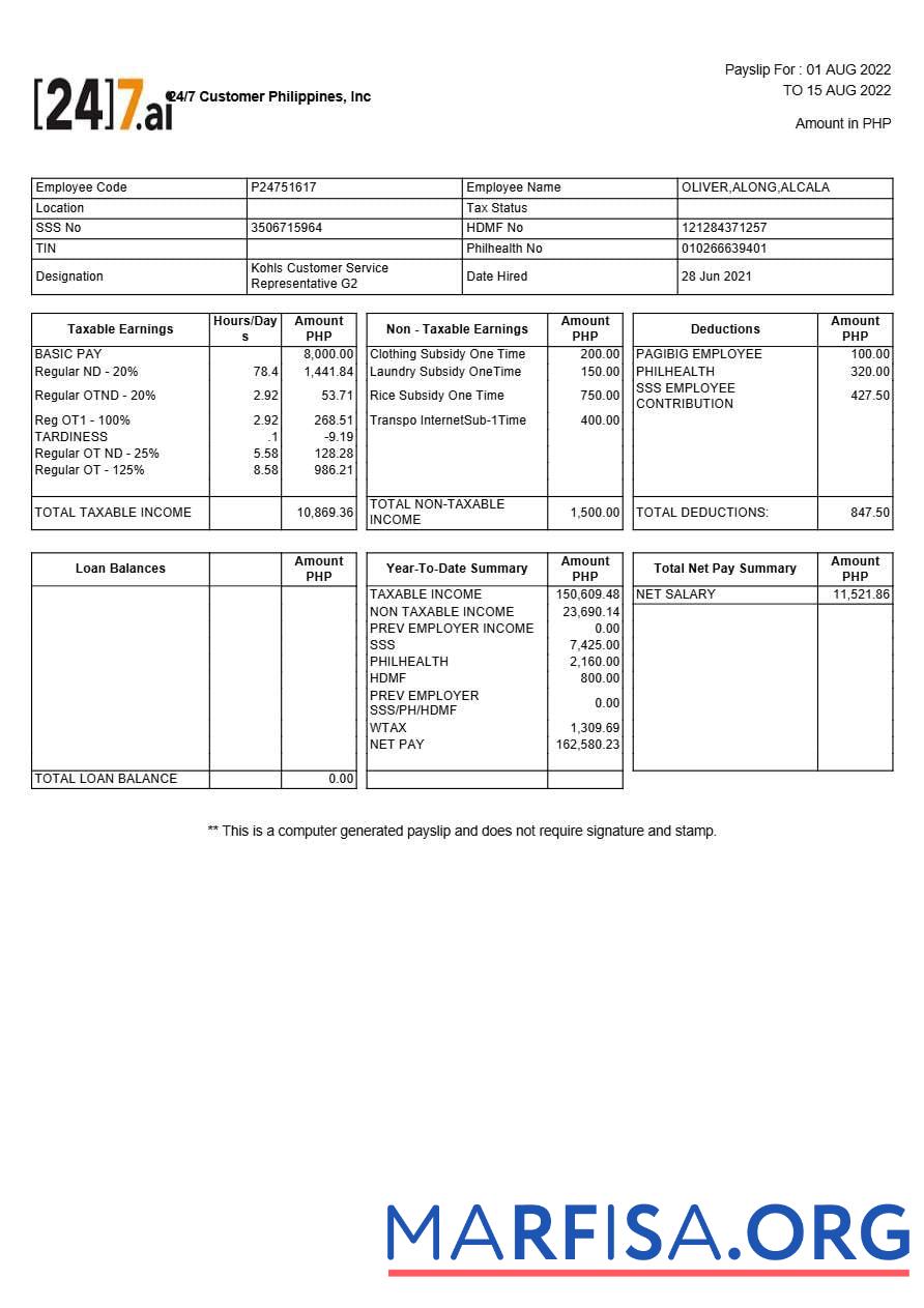 Realistic 24 7 Customer Philippines payslip sample